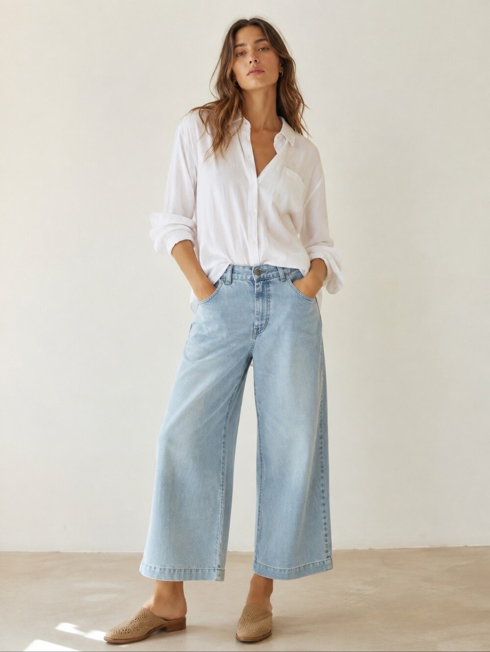 Xirena Women Mid Rise Wide Leg Cropped Jeans Light Wash 100% Cotton Size 24